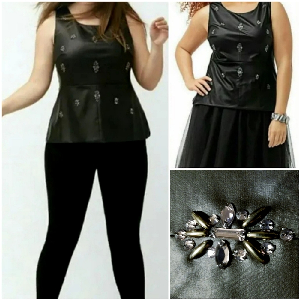 Lane Bryant, NWOT, Black Faux Leather Peplum, Embellished Bodice, Size 24